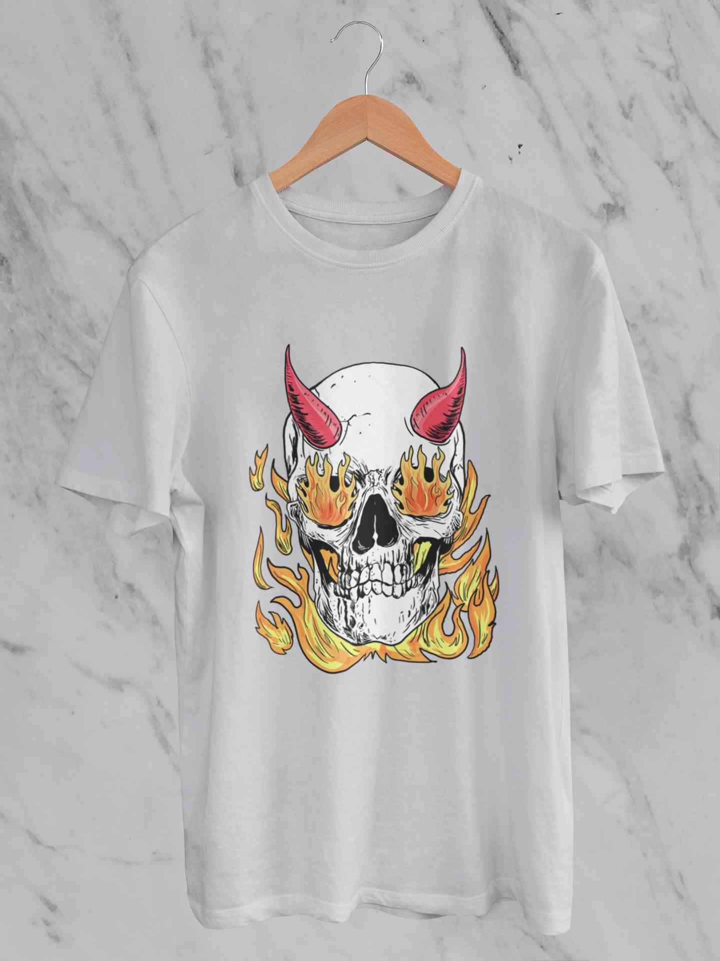 A Horned Skull In Flames Women Half Sleeves T-shirt- FunkyTeesClub