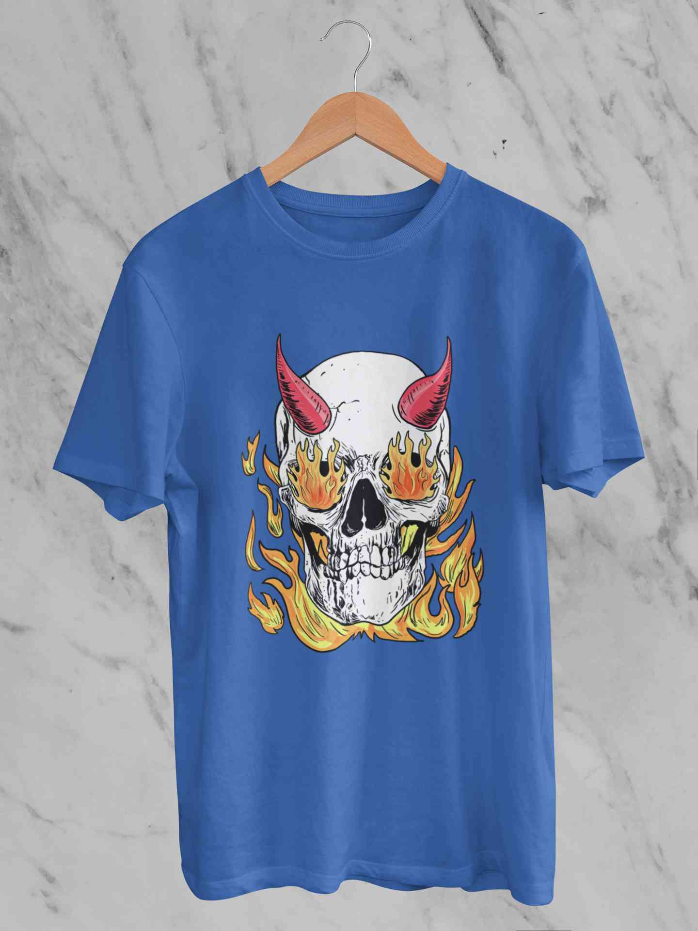 A Horned Skull In Flames Mens Half Sleeves T-shirt- FunkyTeesClub