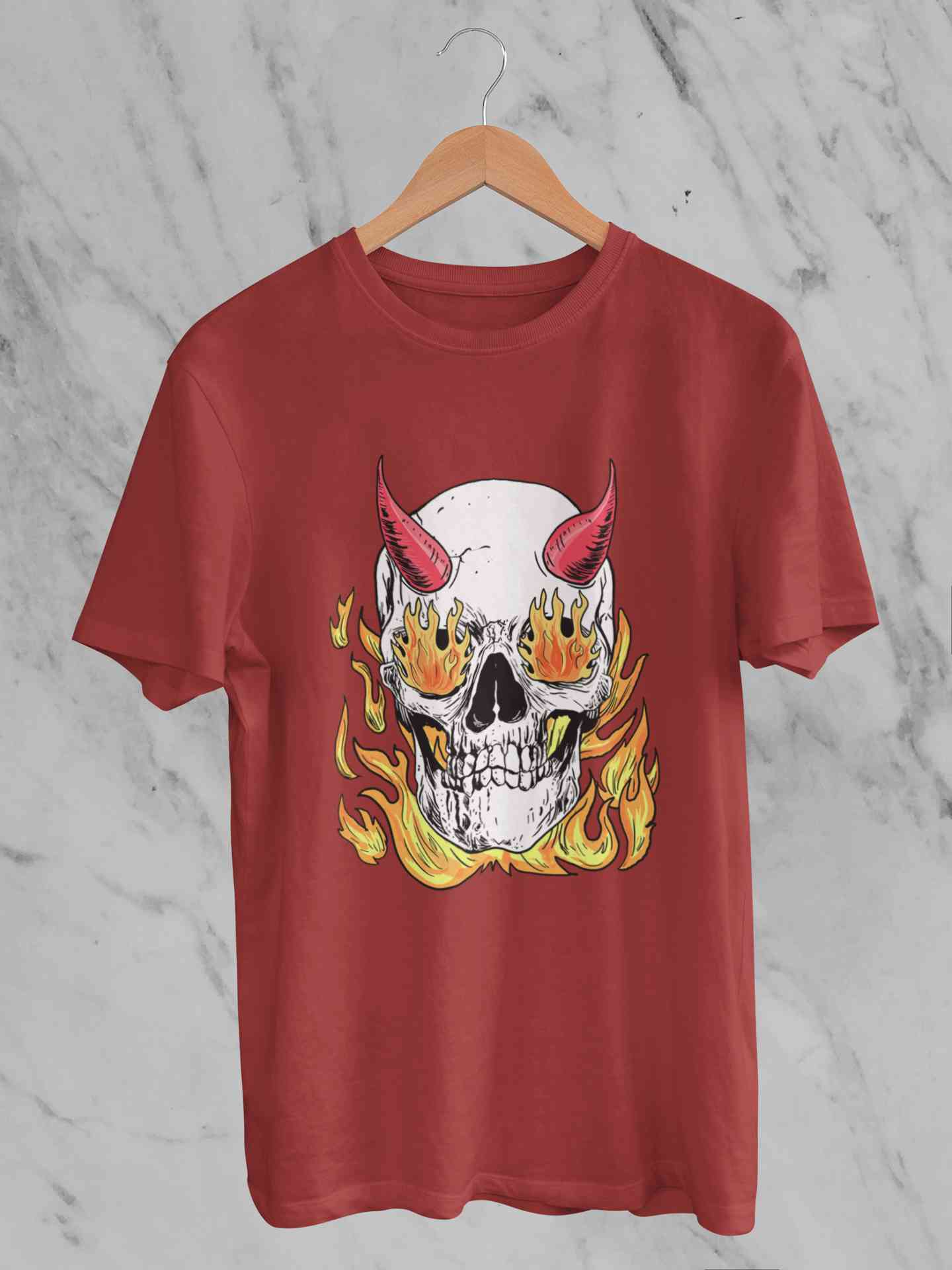 A Horned Skull In Flames Women Half Sleeves T-shirt- FunkyTeesClub