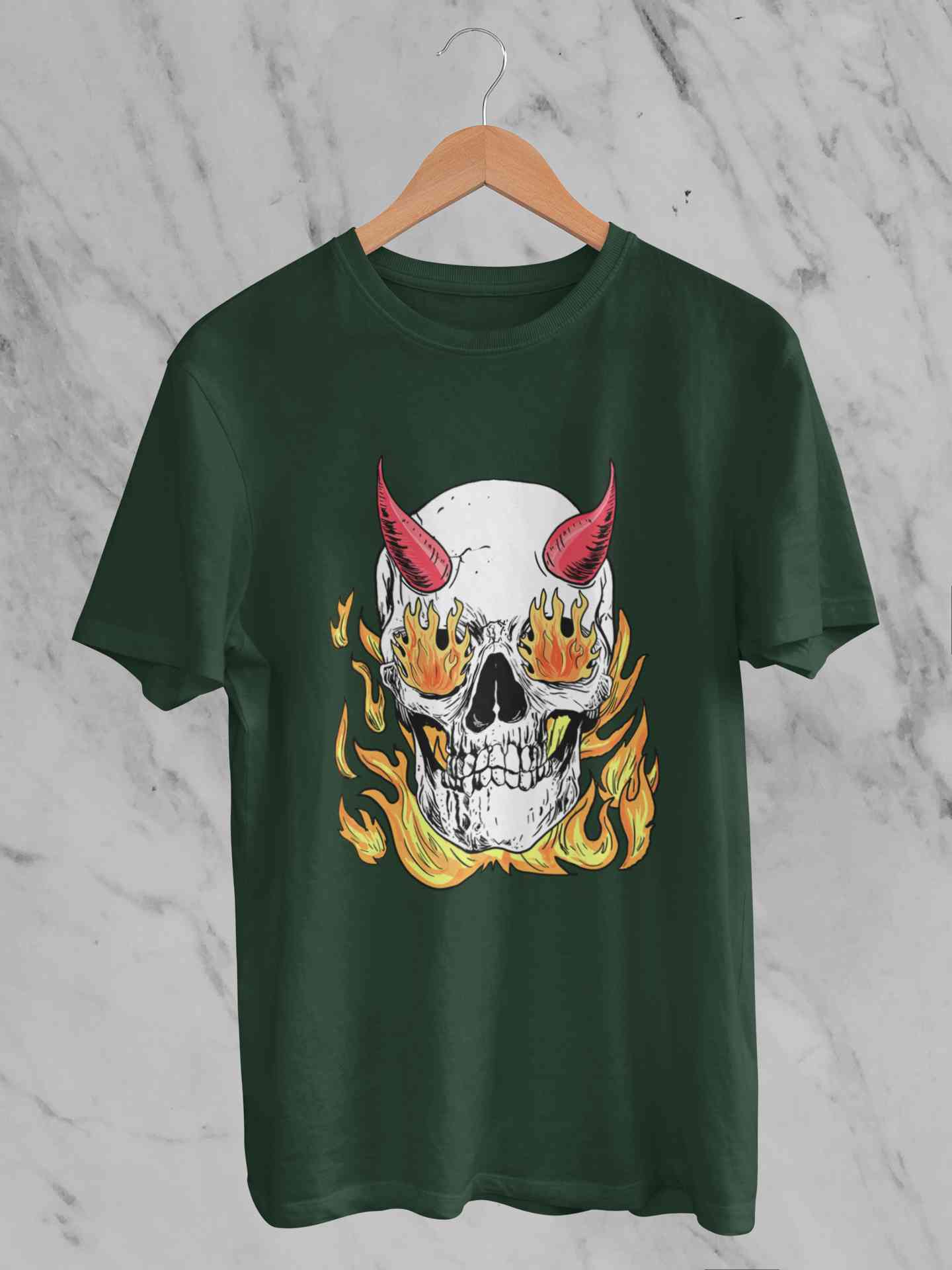 A Horned Skull In Flames Mens Half Sleeves T-shirt- FunkyTeesClub