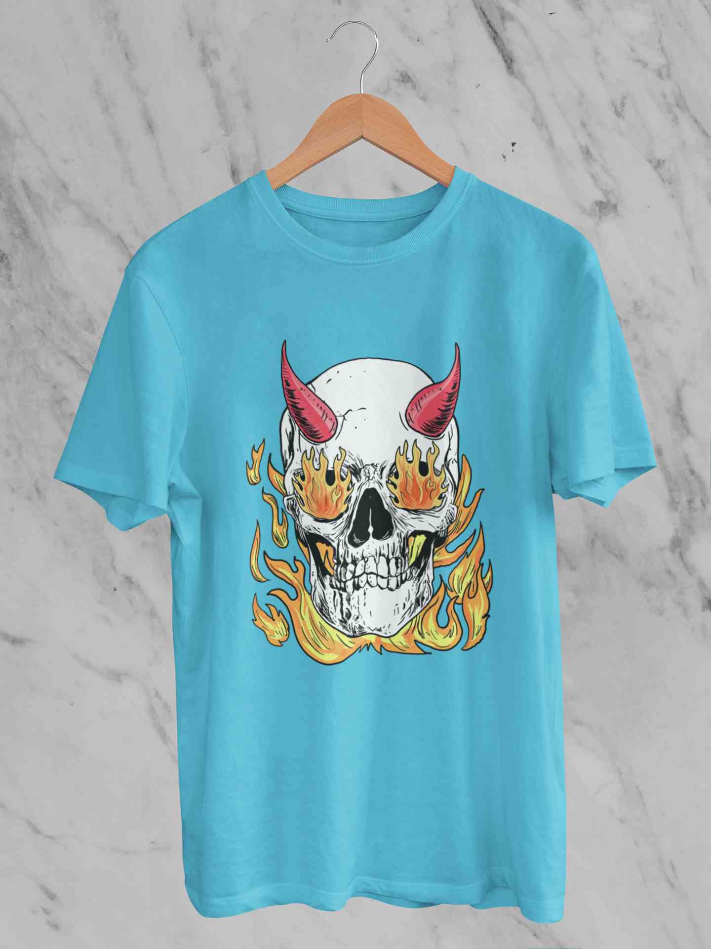 A Horned Skull In Flames Mens Half Sleeves T-shirt- FunkyTeesClub