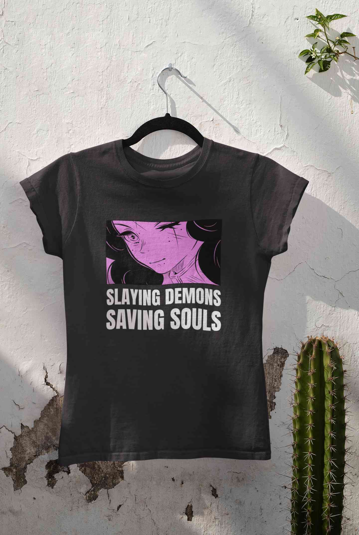 Iillustrated Girl Inspired By Demon Slayer Anime Women Half Sleeves T-shirt- FunkyTeesClub
