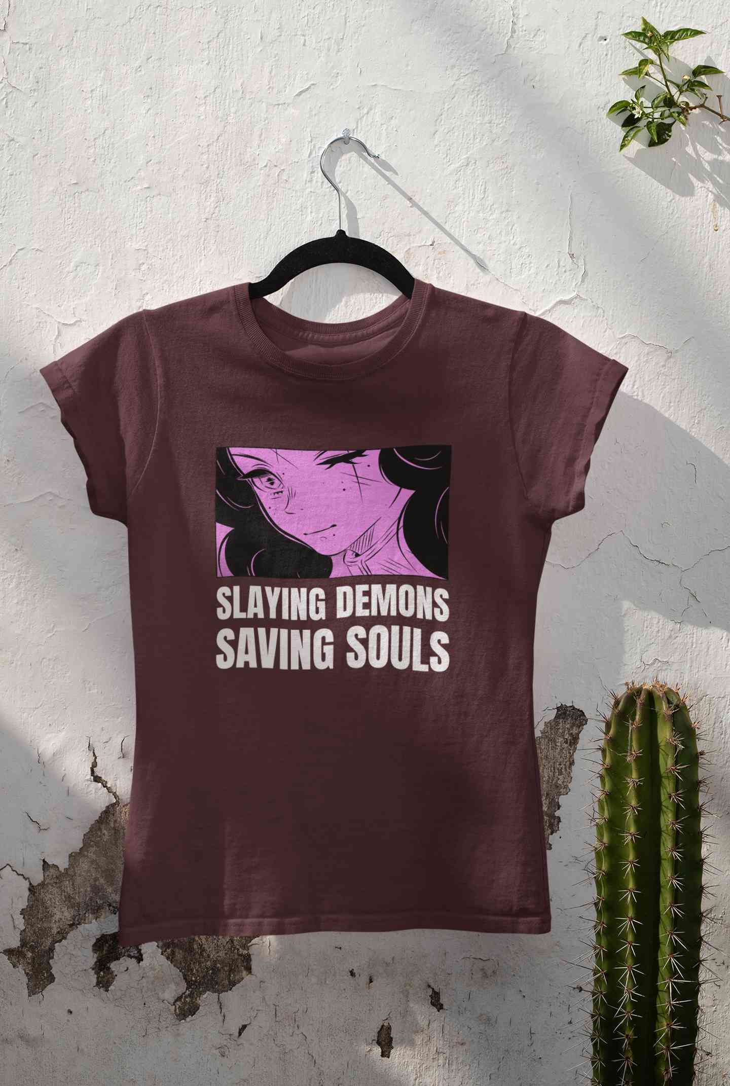 Iillustrated Girl Inspired By Demon Slayer Anime Women Half Sleeves T-shirt- FunkyTeesClub