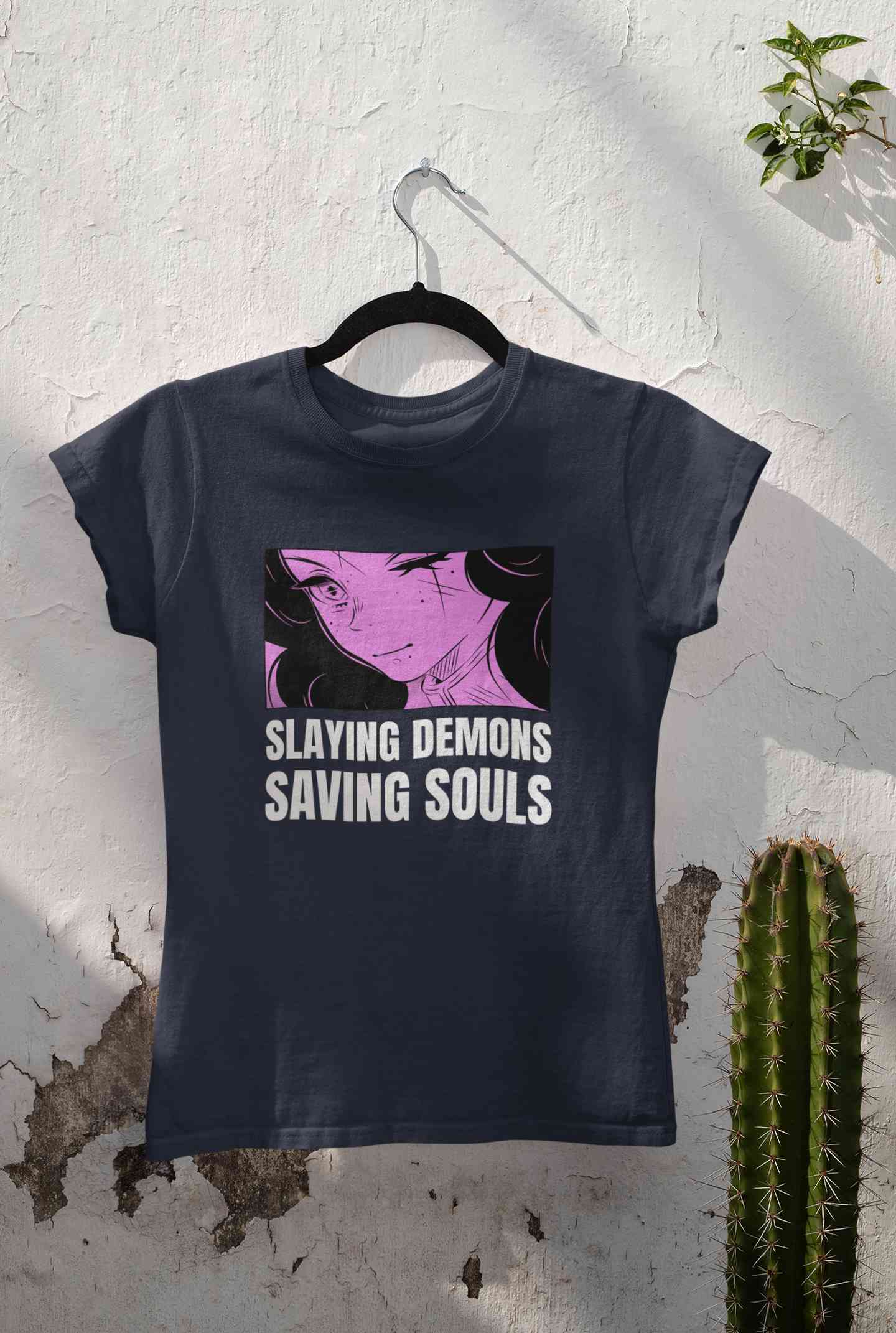 Iillustrated Girl Inspired By Demon Slayer Anime Women Half Sleeves T-shirt- FunkyTeesClub