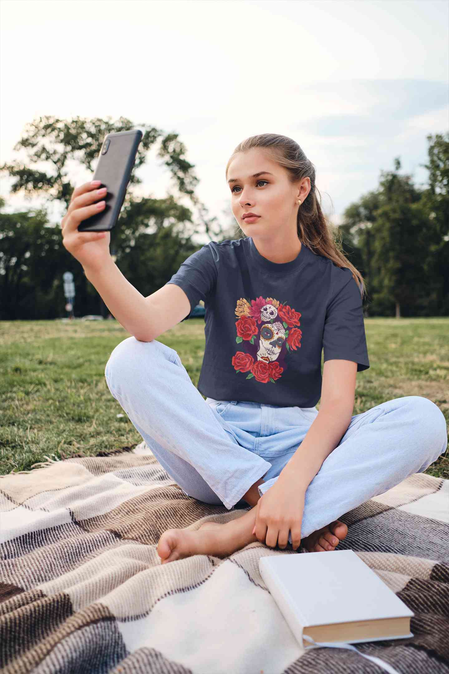 Day Of The Dead Floral Skull Woman Illustration Women Half Sleeves T-shirt- FunkyTeesClub