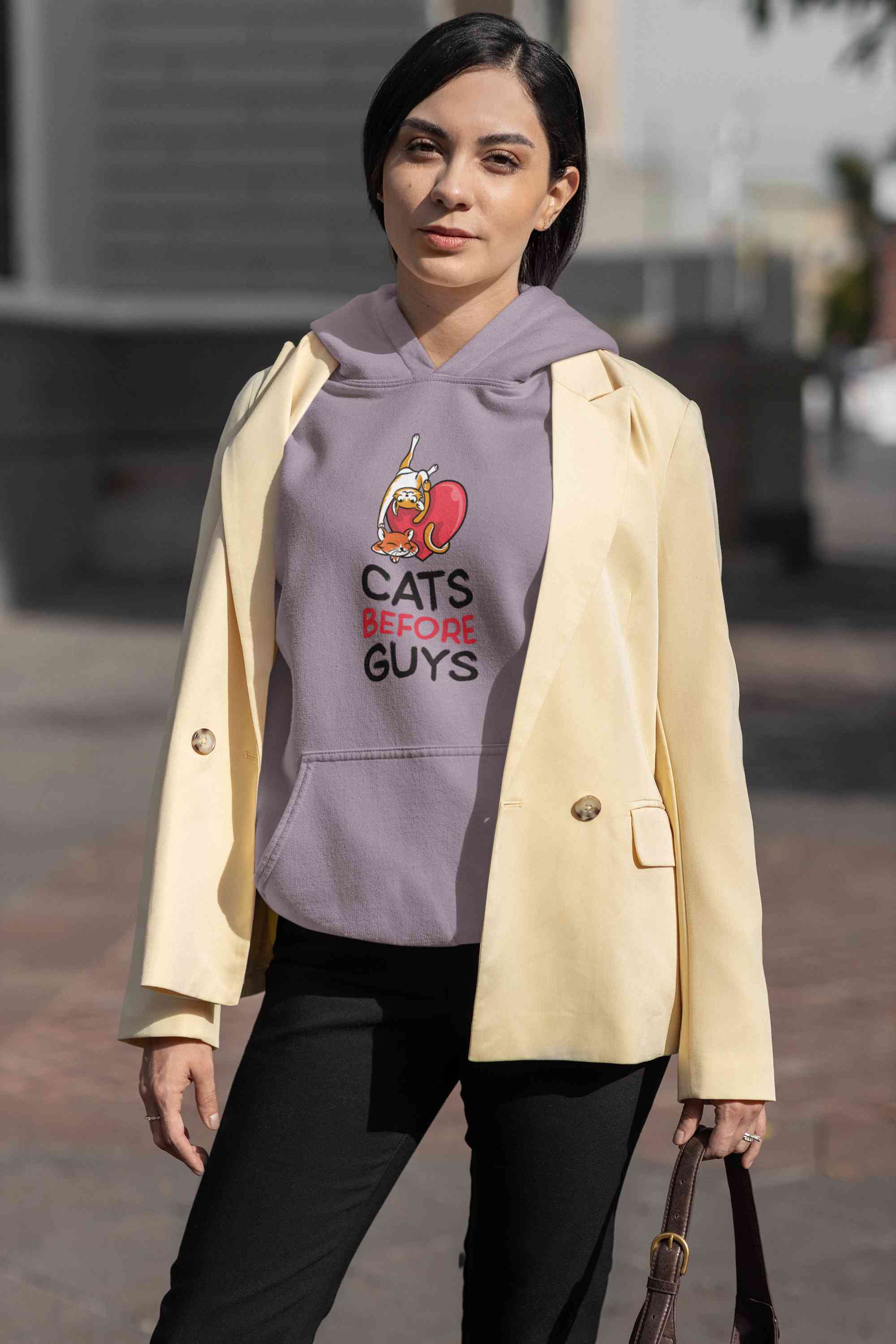 Cats Before Guys Quotes Graphics Hoodies for Women-FunkyTeesClub