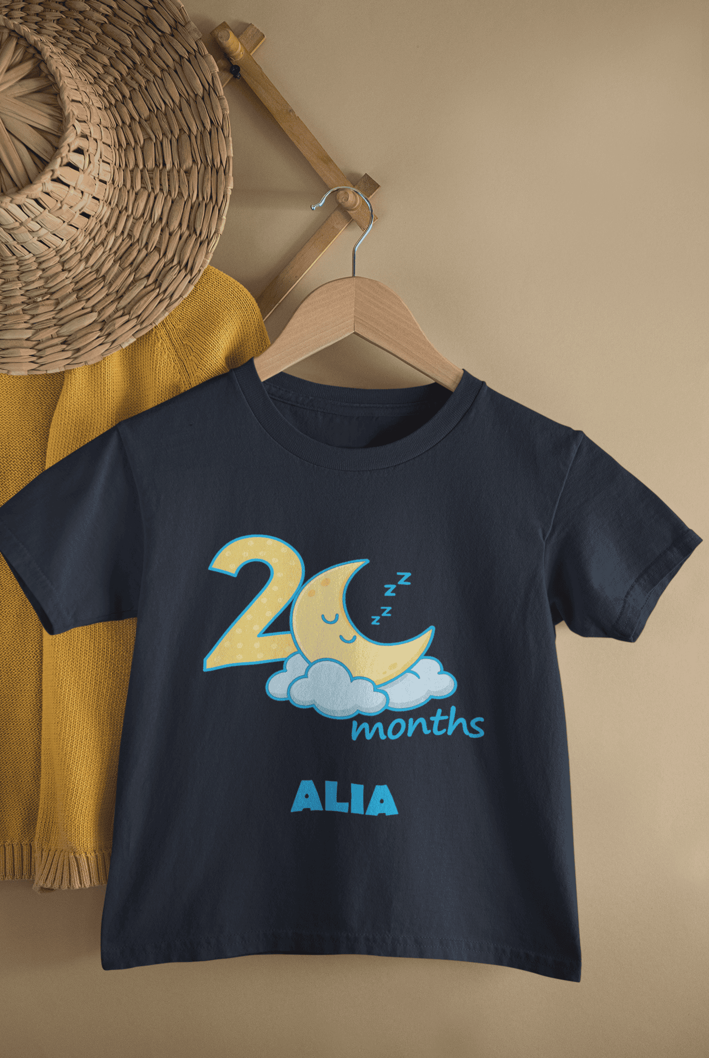 Custom Name Two Month Moon Half Sleeves T-Shirt For Girls -FunkyTeesClub