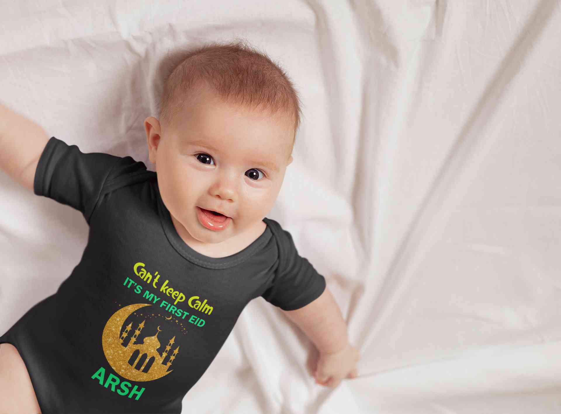 Custom Name Cant Keep Calm My First Eid Rompers for Baby Boy- FunkyTeesClub