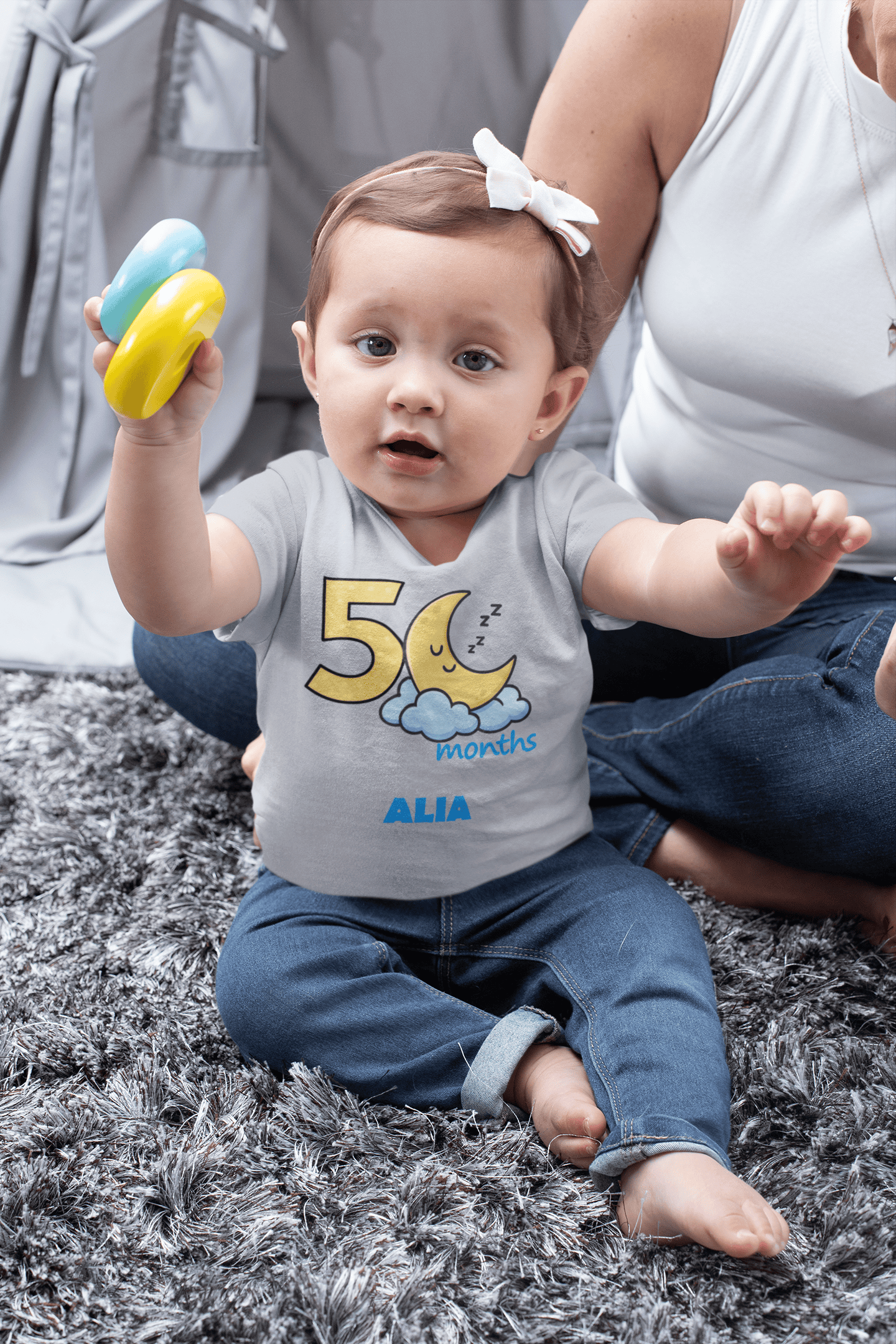 Custom Name Five Month Moon Half Sleeves T-Shirt For Girls -FunkyTeesClub