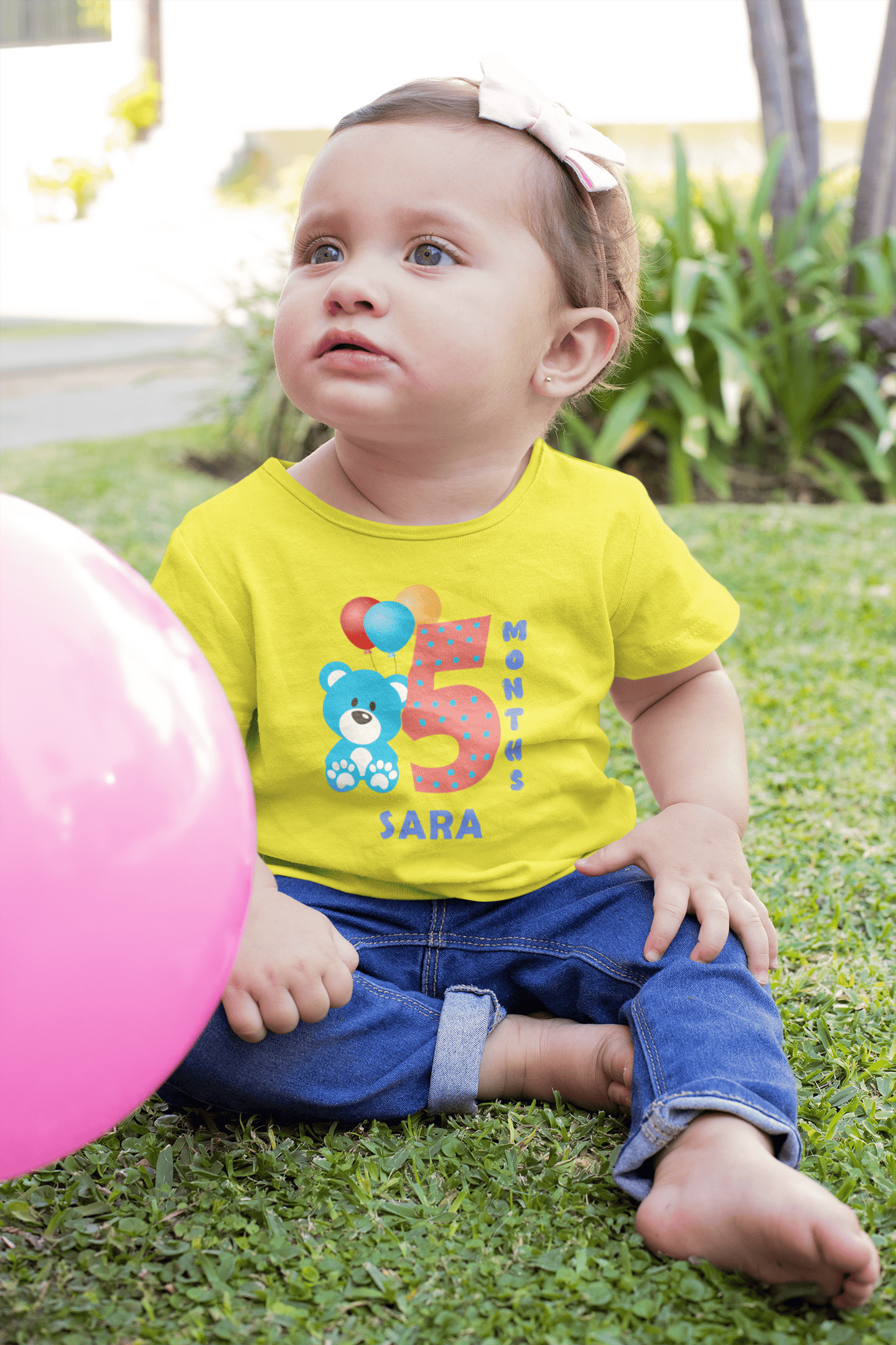 Custom Name Fifth Month Birthday Cute Half Sleeves T-Shirt For Girls -FunkyTeesClub