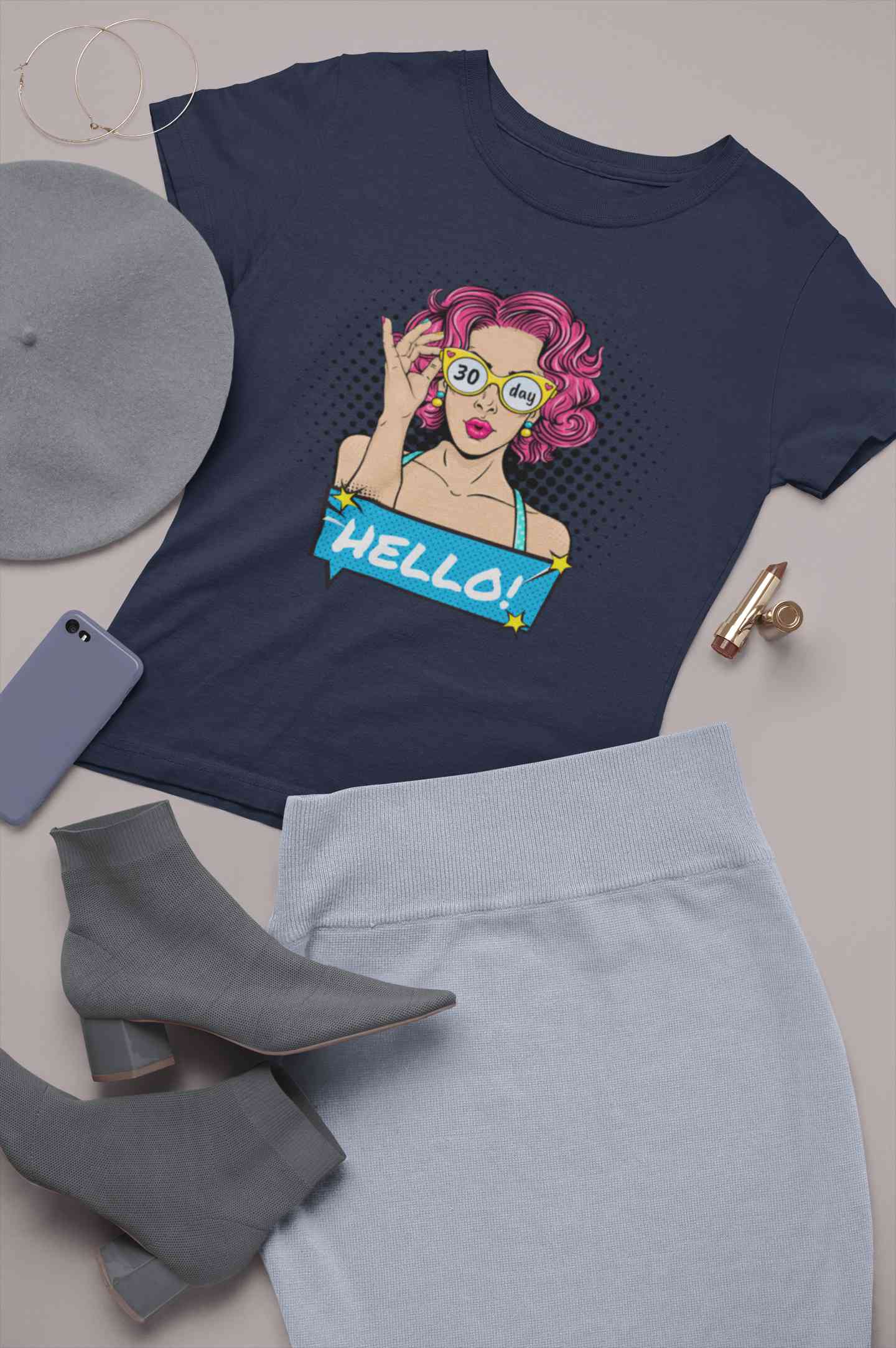 Hello Pop Art Girls Retro Illustration Women Half Sleeves T-shirt- FunkyTeesClub