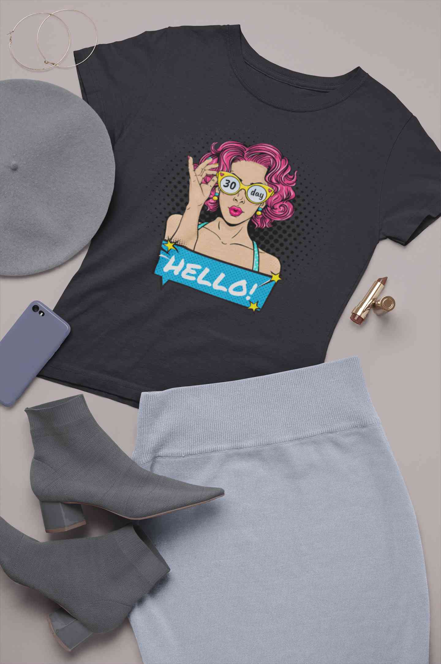 Hello Pop Art Girls Retro Illustration Women Half Sleeves T-shirt- FunkyTeesClub