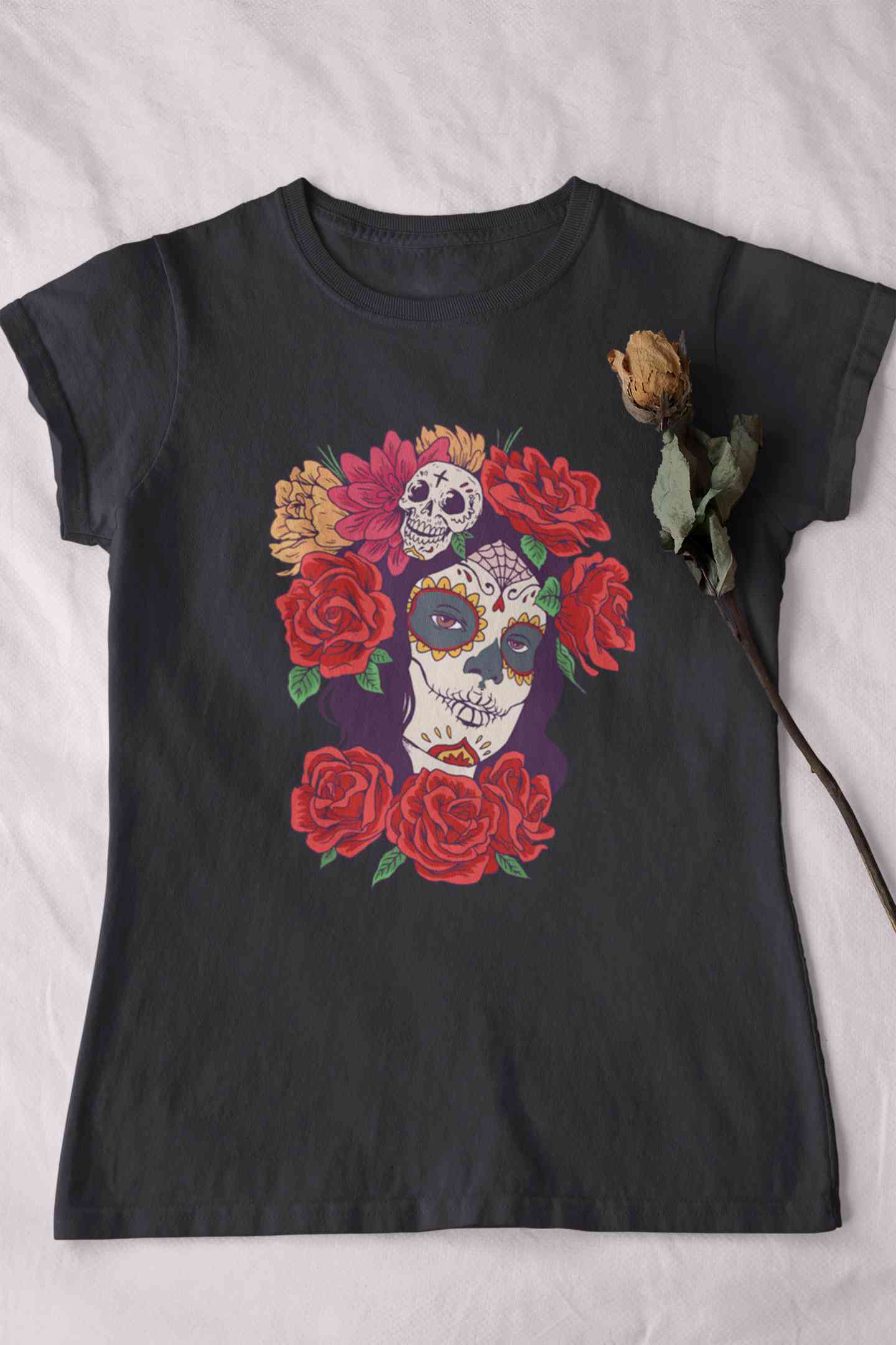 Day Of The Dead Floral Skull Woman Illustration Women Half Sleeves T-shirt- FunkyTeesClub