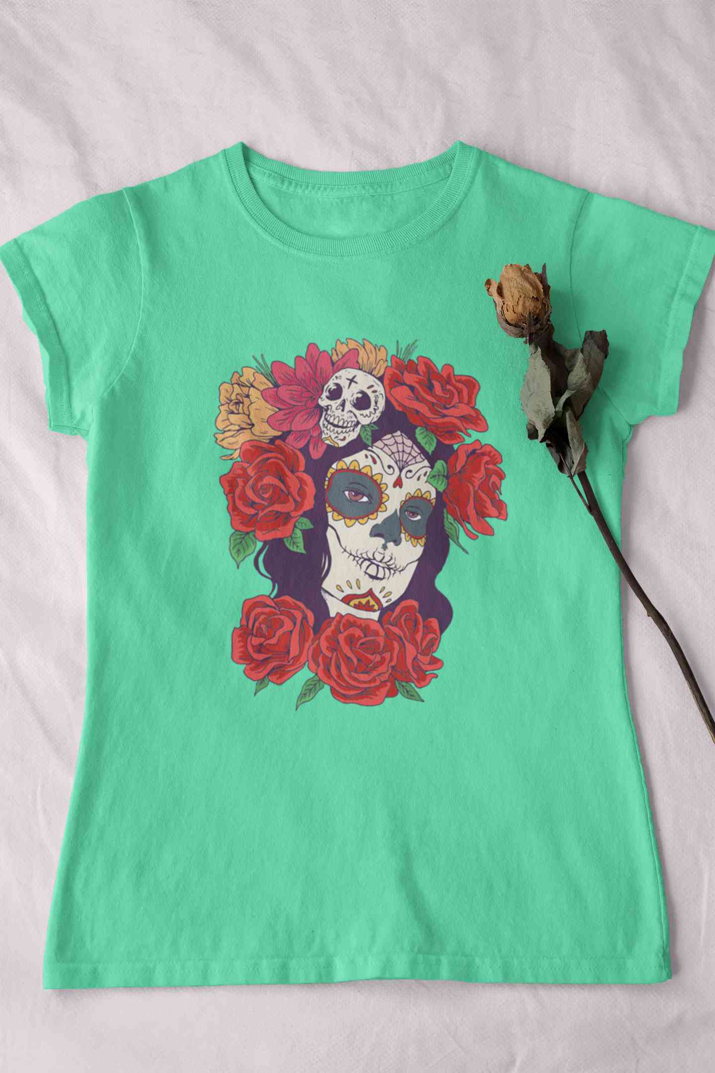 Day Of The Dead Floral Skull Woman Illustration Women Half Sleeves T-shirt- FunkyTeesClub