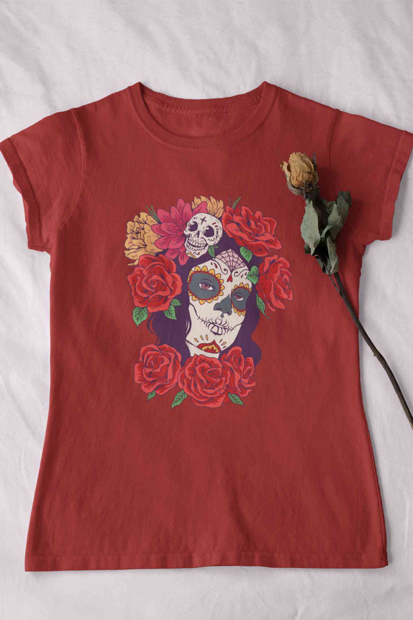 Day Of The Dead Floral Skull Woman Illustration Women Half Sleeves T-shirt- FunkyTeesClub