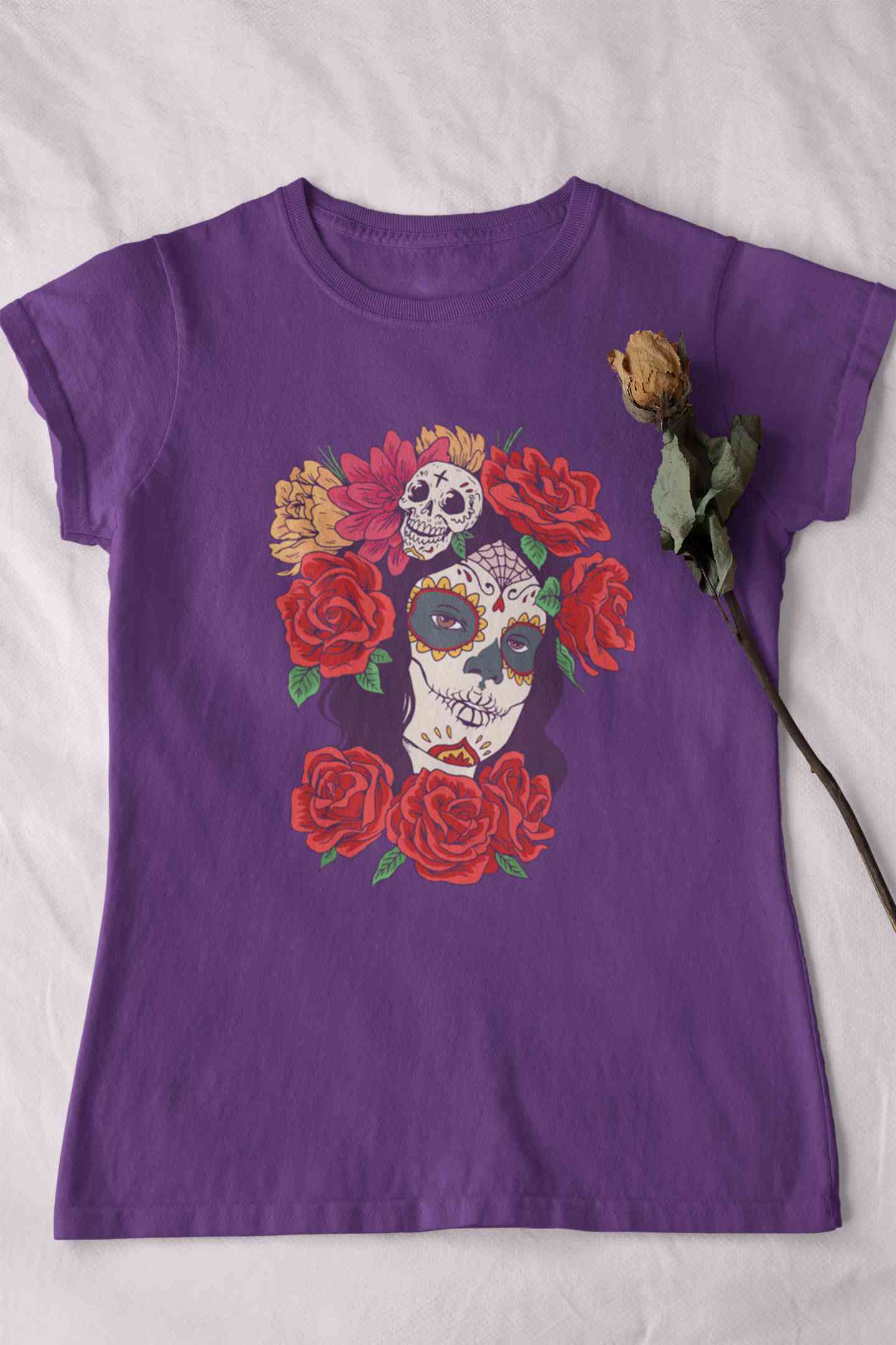 Day Of The Dead Floral Skull Woman Illustration Women Half Sleeves T-shirt- FunkyTeesClub