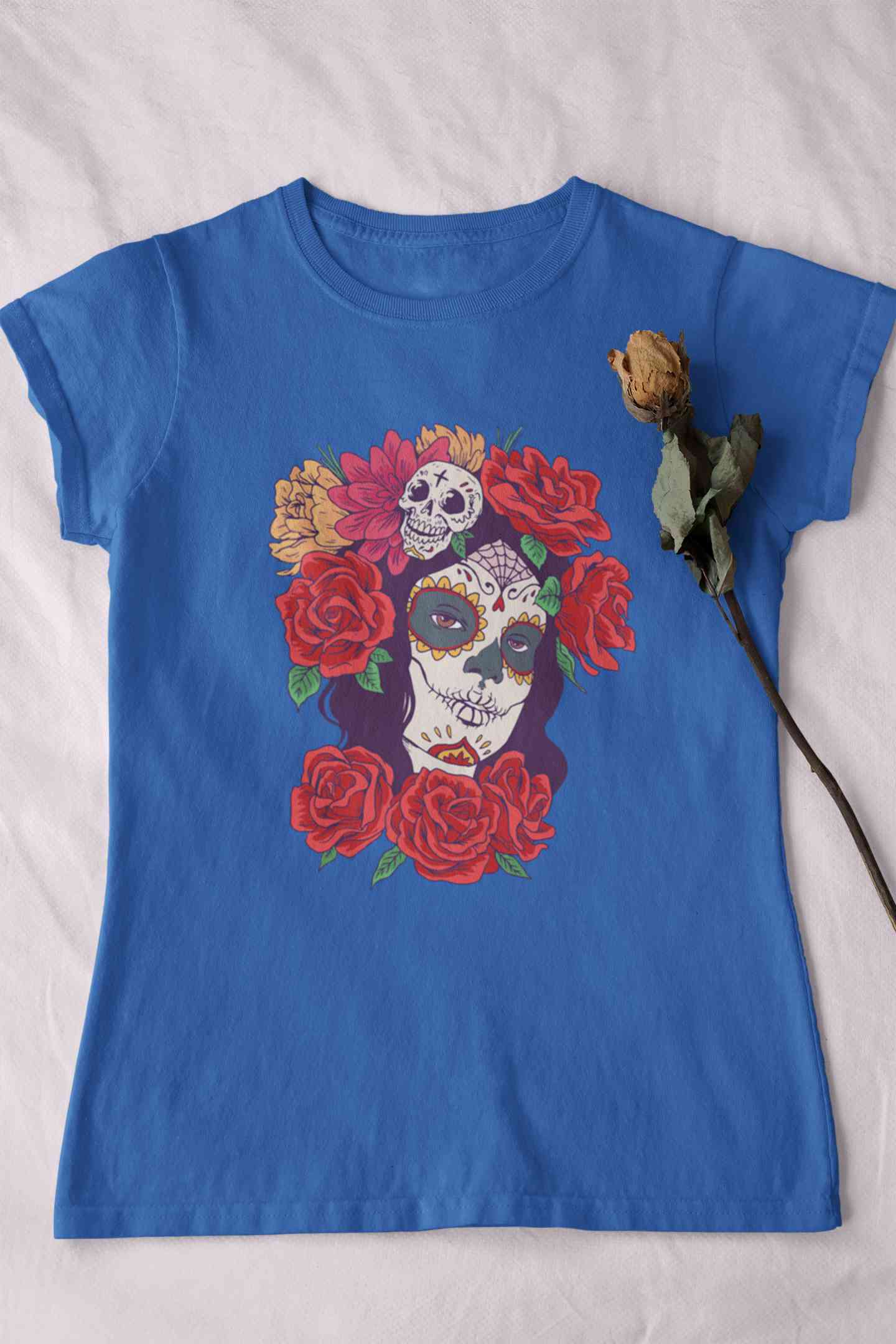Day Of The Dead Floral Skull Woman Illustration Women Half Sleeves T-shirt- FunkyTeesClub