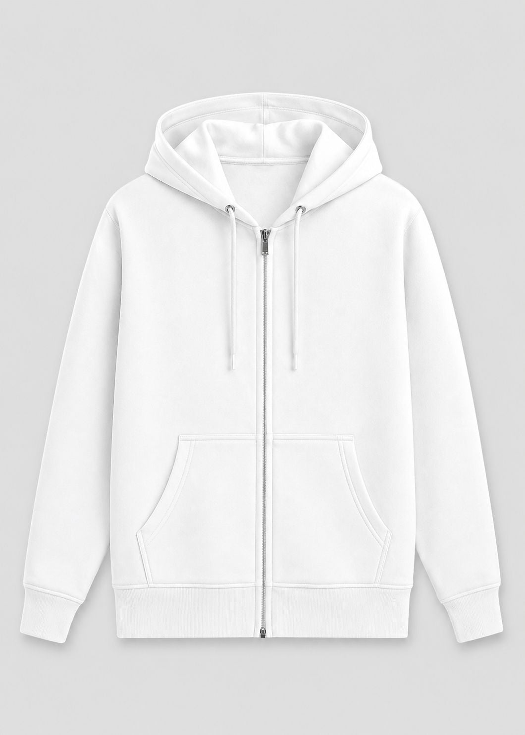 A white zip-up hoodie with a drawstring hood and kangaroo pockets, shown flat against a light gray background.