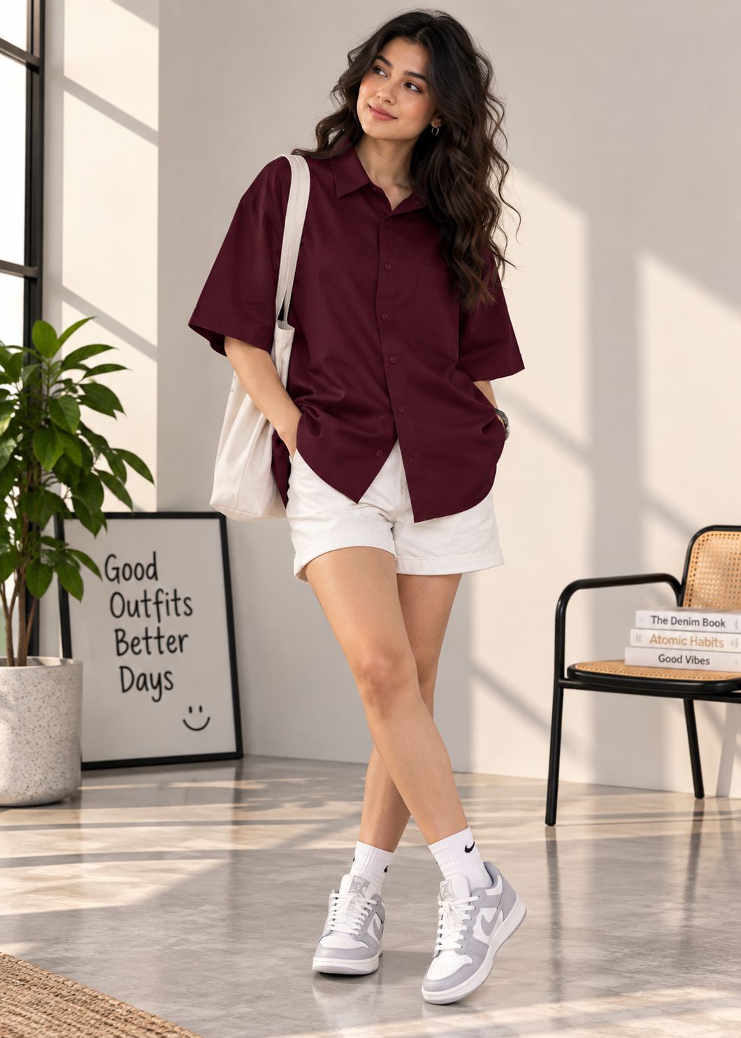 A woman stands in a bright indoor room wearing a burgundy short-sleeve button-up shirt, white shorts, white socks, and white sneakers, with a white shoulder bag.