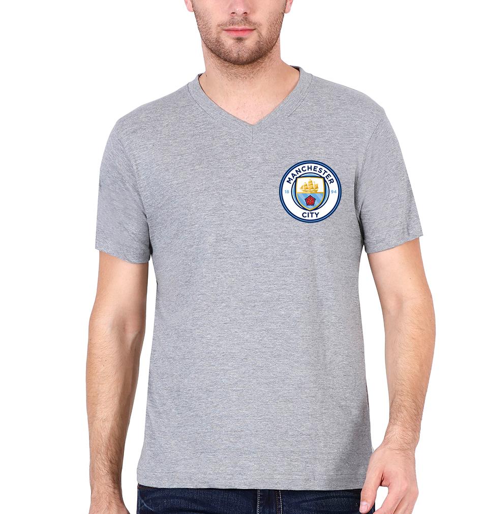 Manchester City Logo Men V Neck Half Sleeves T-Shirts-FunkyTeesClub