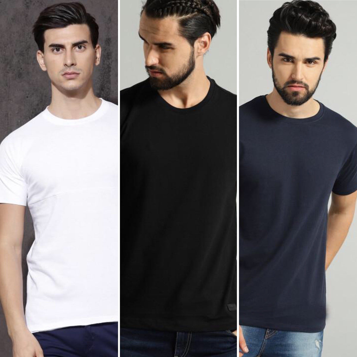 3-pack men’s half-sleeve crew-neck T-shirts in white, black, and navy