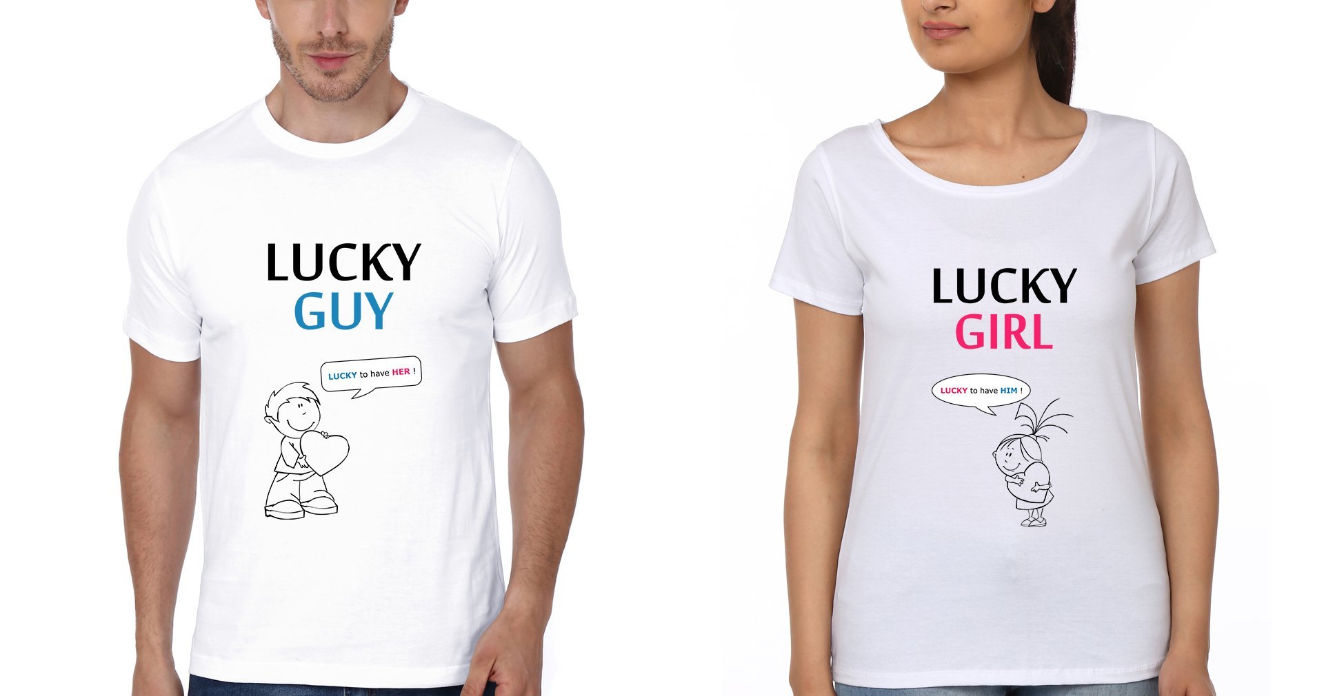 Lucky Guy Couple Half Sleeves T-Shirts -FunkyTees