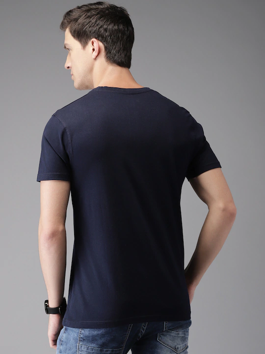 Navy Blue Printed Stripe Round Neck Mens Half Sleeves T-shirt- FunkyTeesClub