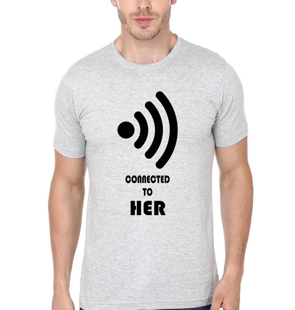 connected To Her Connected To him Couple Half Sleeves T-Shirts -FunkyTees