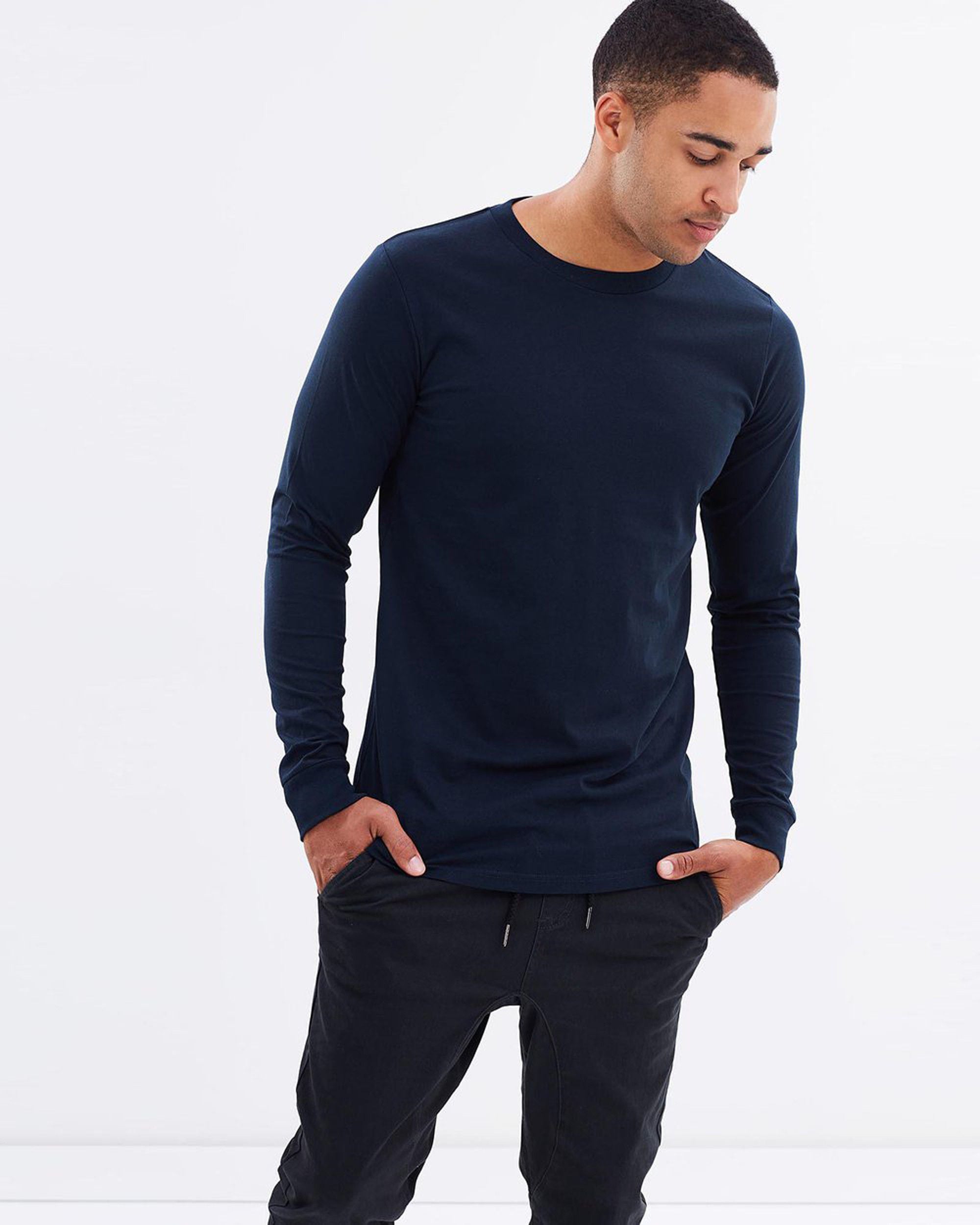 Plain Navy Blue Full Sleeves T-Shirt-FunkyTeesClub