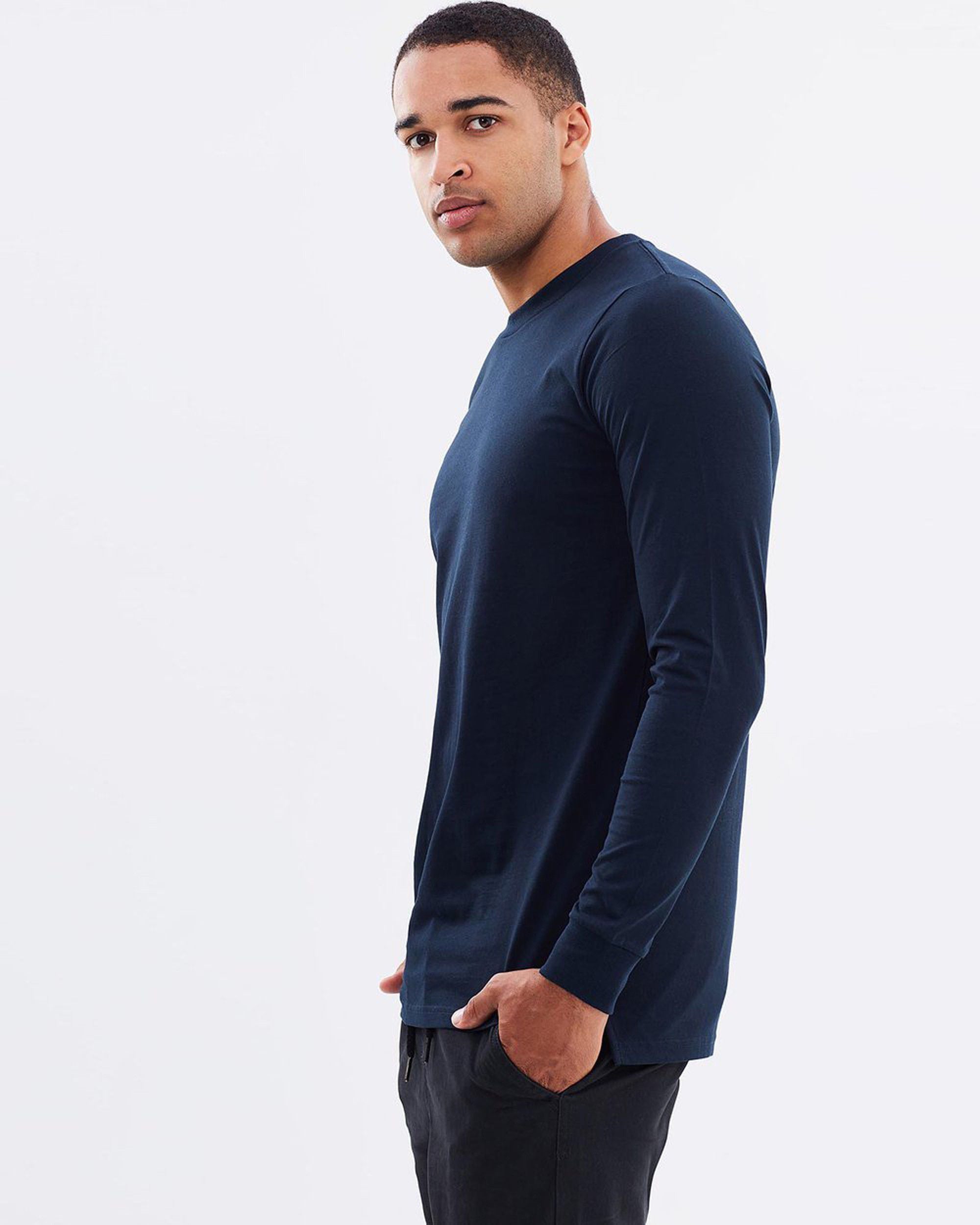 Plain Navy Blue Full Sleeves T-Shirt-FunkyTeesClub