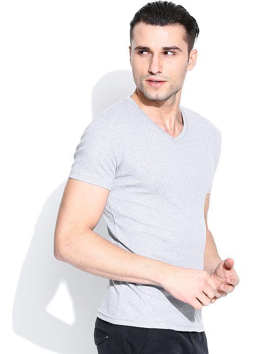 Plain Grey Melange V Neck T-Shirt-FunkyTeesClub