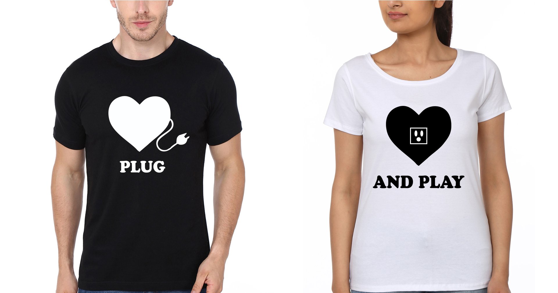 Plug And Play Couple Half Sleeves T-Shirts -FunkyTees
