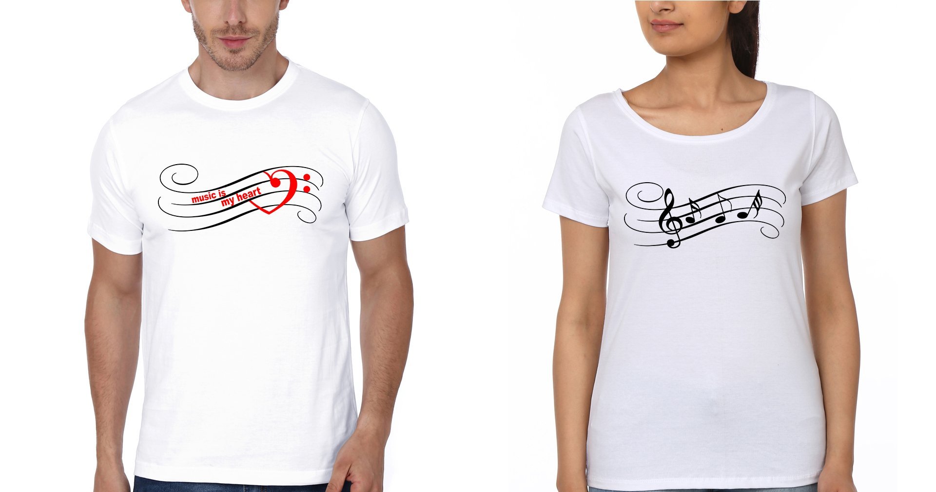 Misic Is My Heart Couple Half Sleeves T-Shirts -FunkyTees