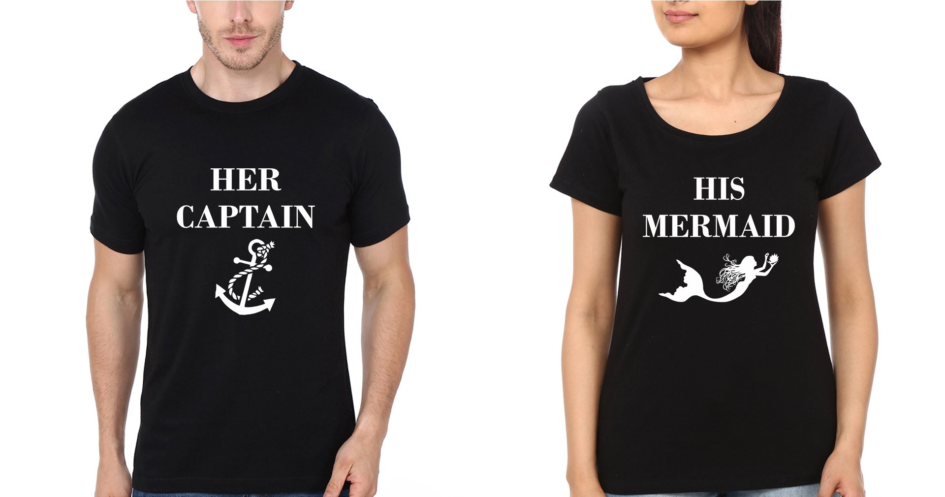 Her Captain His Mermaid Couple Half Sleeves T-Shirts -FunkyTees