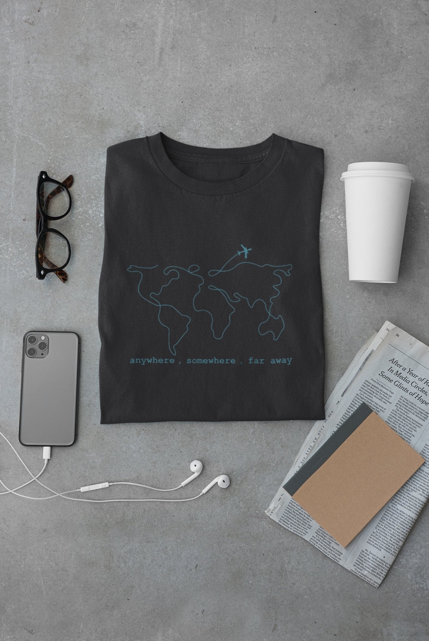 Anywhere Somewhere Far Away Travel World Map Mens Half Sleeves T-shirt- FunkyTeesClub - Funky Tees Club