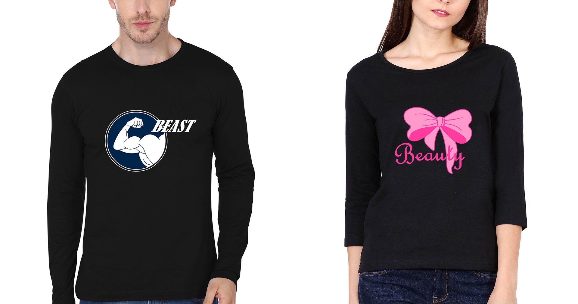Beast Beauty Couple Full Sleeves T-Shirts -FunkyTees - Funky Tees Club