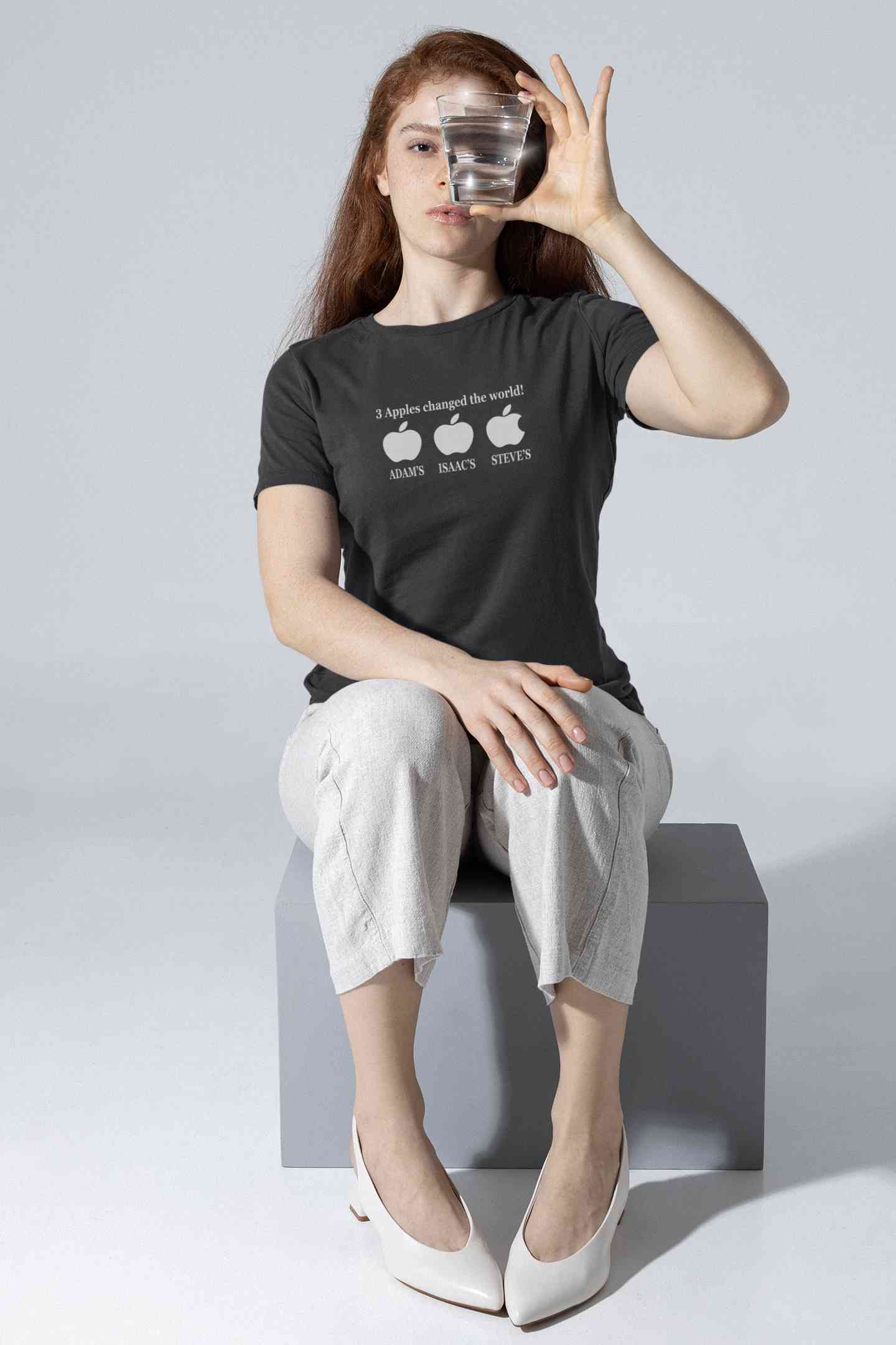 3 Apples Changed The World Typography Women Half Sleeves T-shirt- FunkyTeesClub