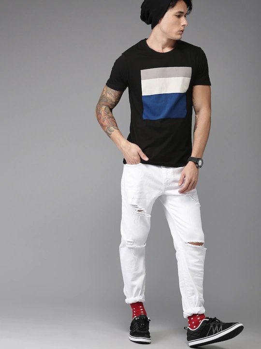 Black Printed Stripe Round Neck Mens Half Sleeves T-shirt- FunkyTeesClub - Funky Tees Club