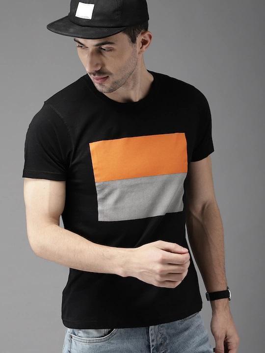 Black Printed Stripe Round Neck Mens Half Sleeves T-shirt- FunkyTeesClub - Funky Tees Club