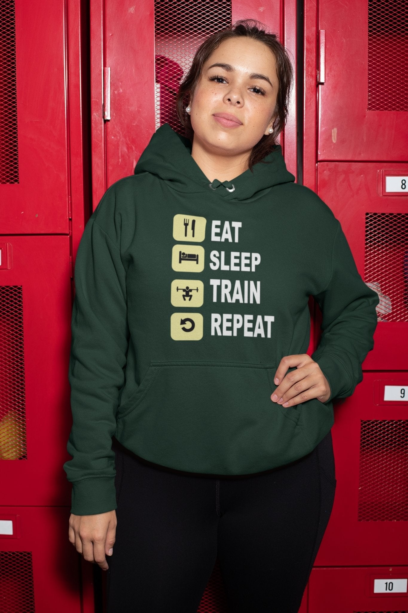 Eat Sleep Train Repeat Gym And Workout Hoodies for Women-FunkyTeesClub - Funky Tees Club