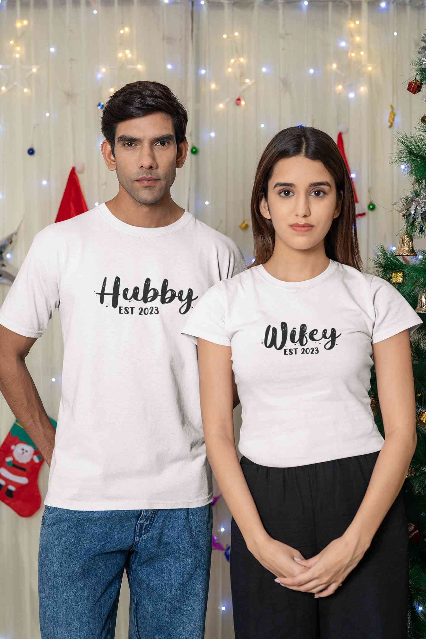 Hubby Wifey Est 2023 Couple Half Sleeves T-Shirts -FunkyTeesClub