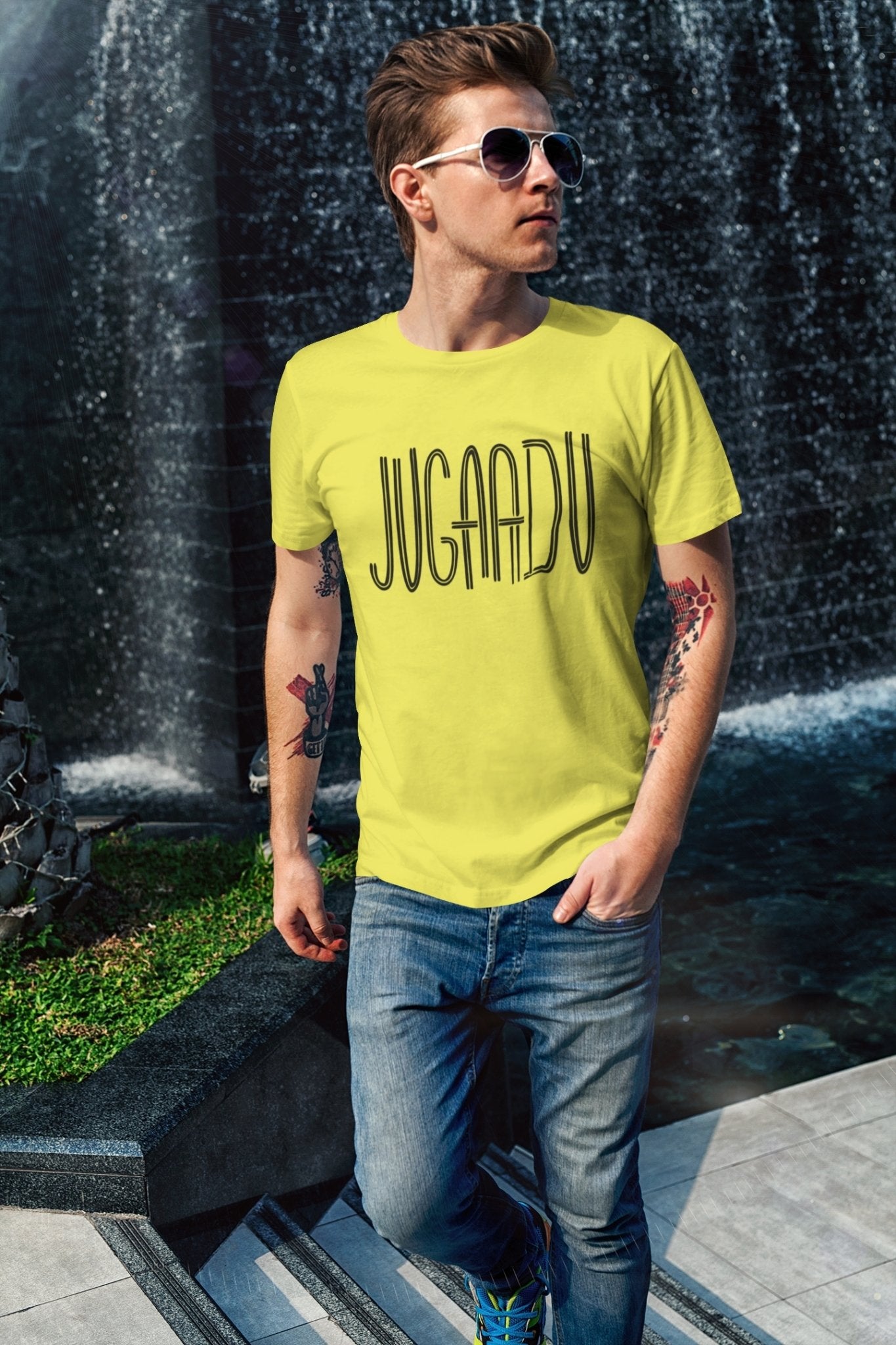 Jugaadu Desi Mens Half Sleeves T-shirt- FunkyTeesClub - Funky Tees Club