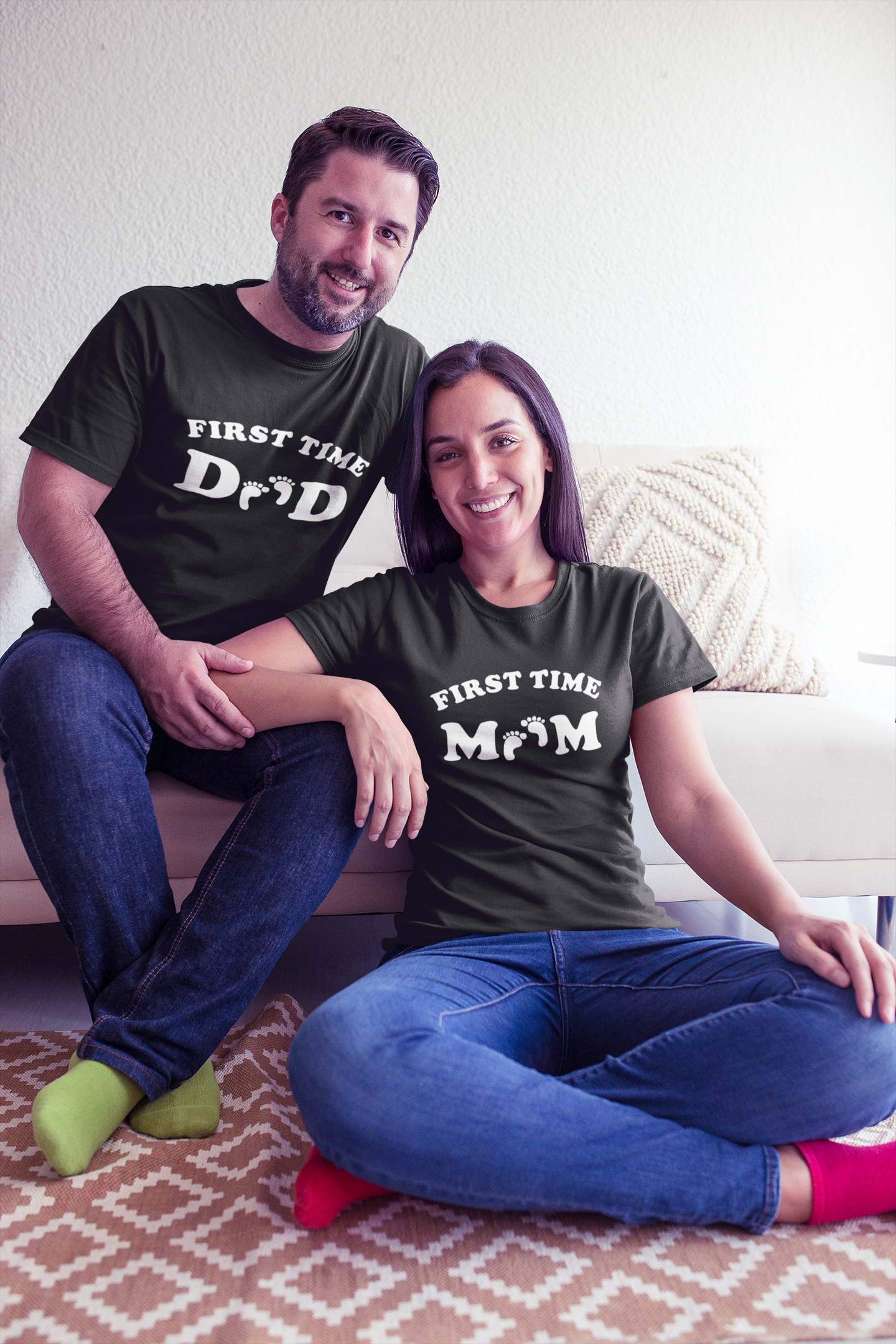 First Time Mom And First Time Dad Pregnancy Announcement Maternity Couple Half Sleeves T-Shirts -FunkyTeesClub