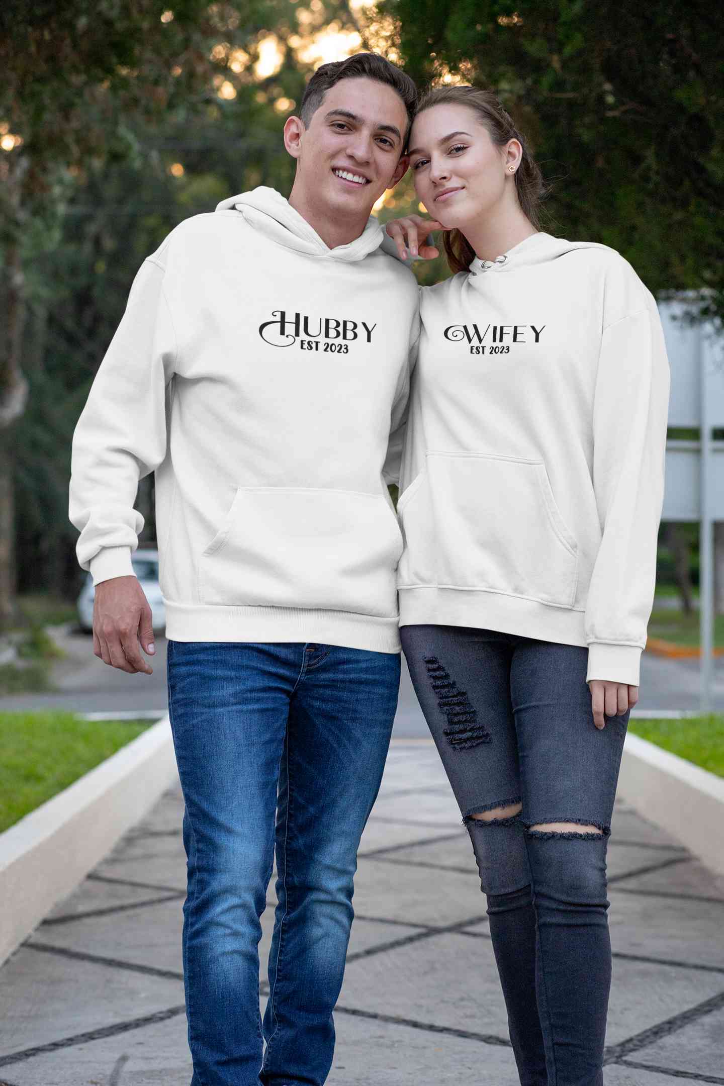 Hubby Wifey Est 2023 Couple Hoodie-FunkyTeesClub