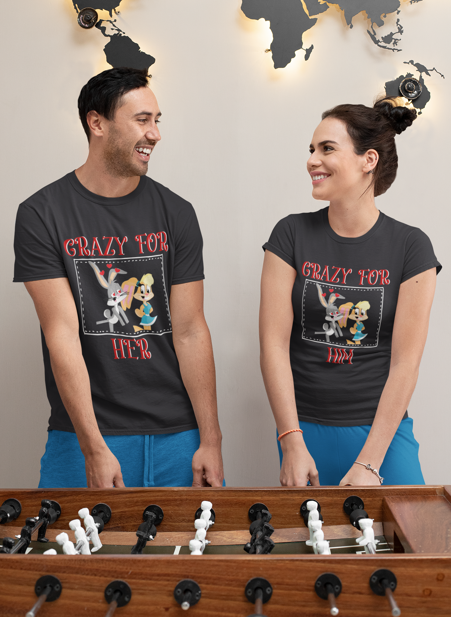 Bunny Couple Crazy For Him Her Couple Half Sleeves T-Shirts -FunkyTeesClub