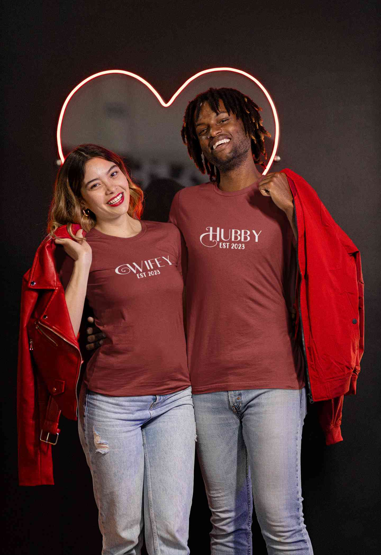 Hubby Wifey Est 2023 Couple Half Sleeves T-Shirts -FunkyTeesClub