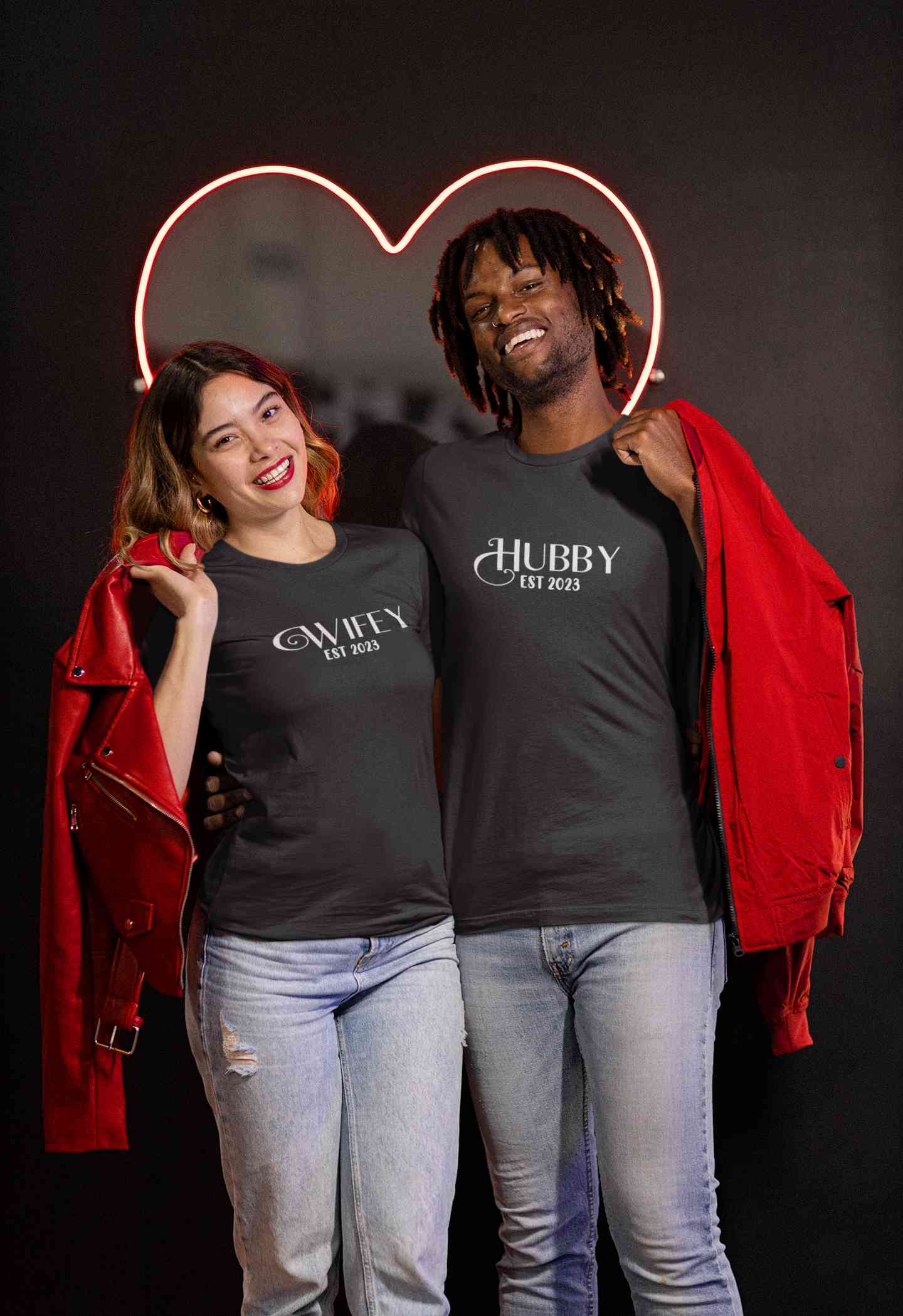 Hubby Wifey Est 2023 Couple Half Sleeves T-Shirts -FunkyTeesClub