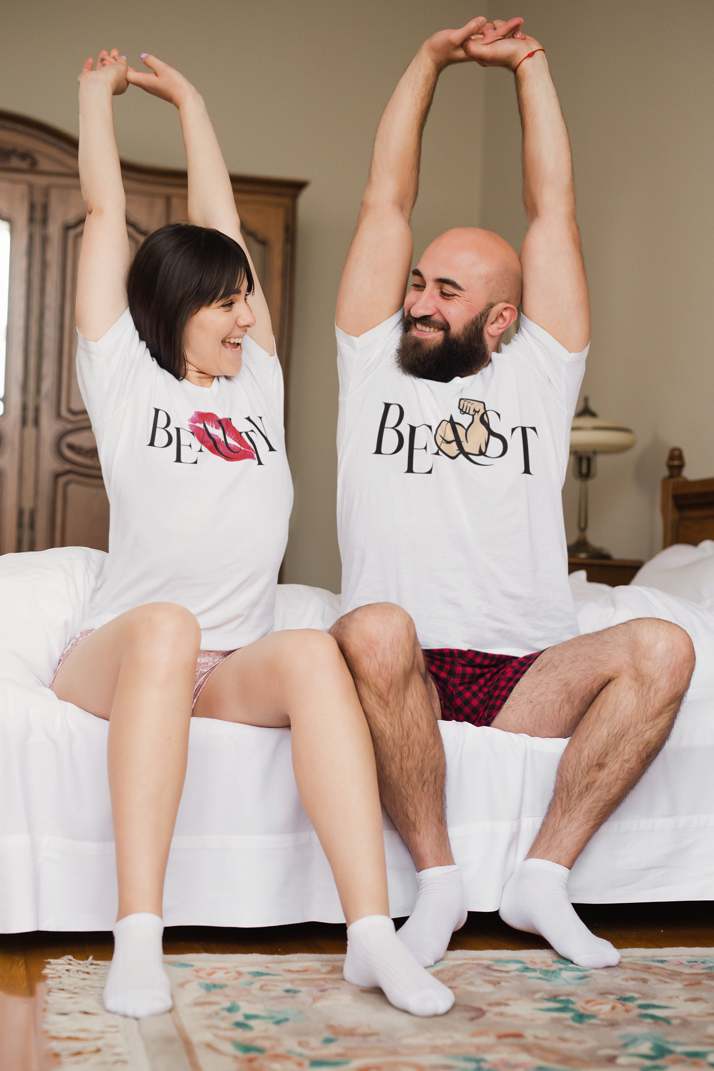 Beauty Beast Couple Half Sleeves T-Shirts -FunkyTeesClub