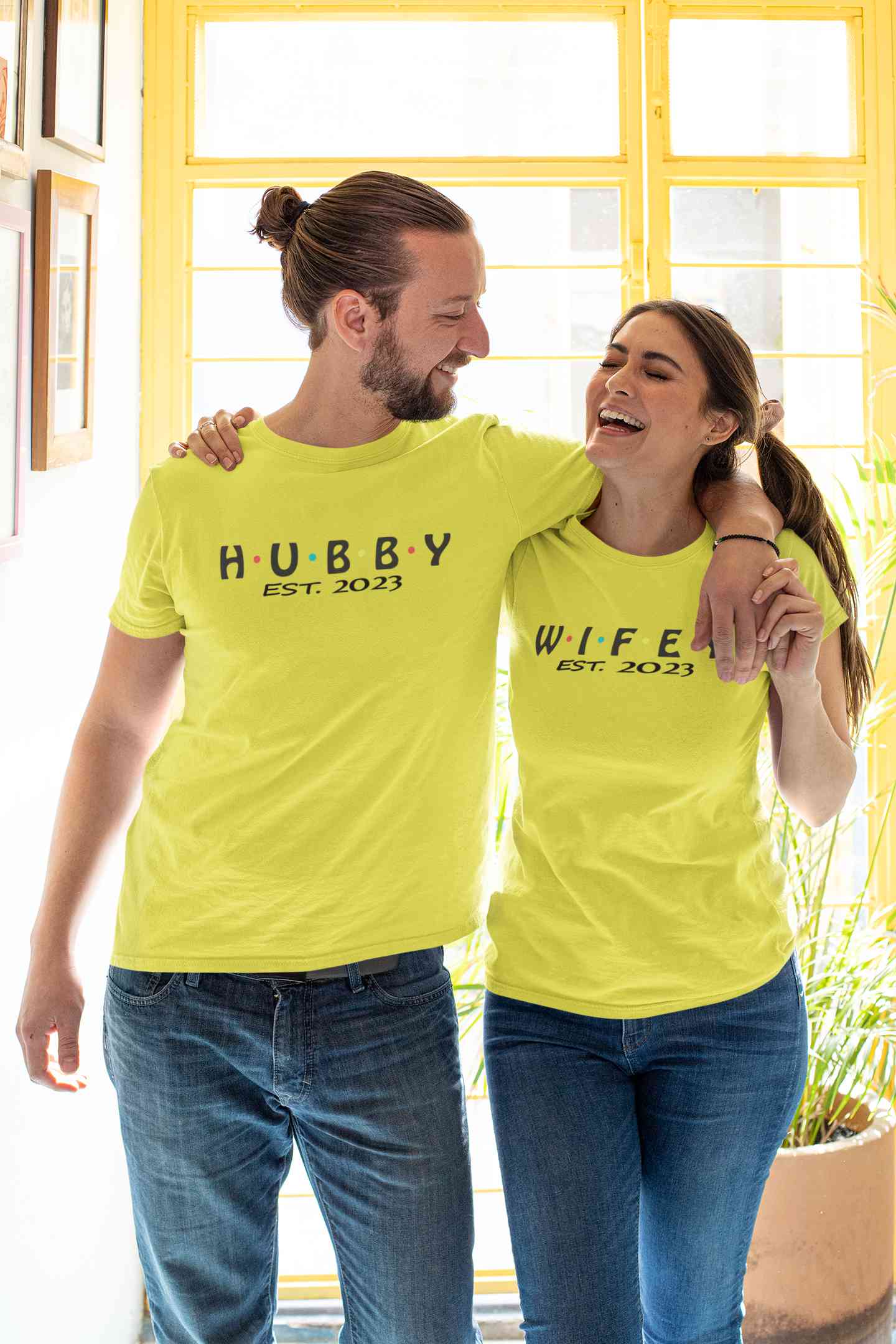 Hubby Wifey Est 2023 Couple Half Sleeves T-Shirts -FunkyTeesClub