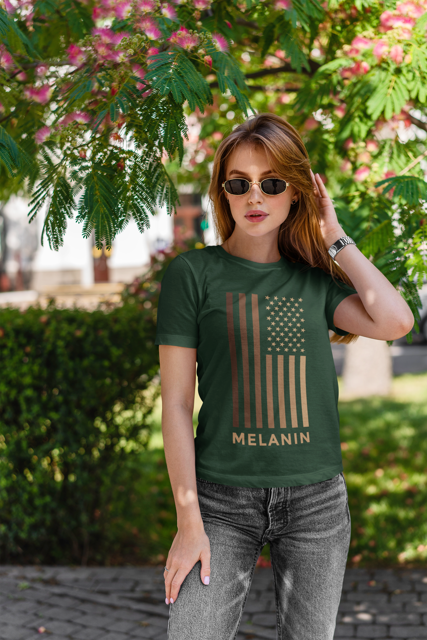 Melanin USA Flag Women Half Sleeves T-shirt- FunkyTeesClub